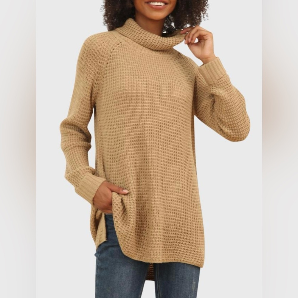 Woolrich Waffle Knit Turtleneck Tunic Sweater Camel Brown Size Medium